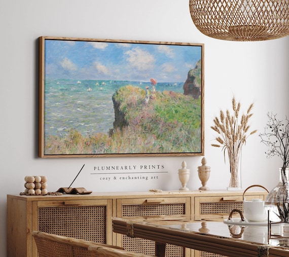 Monet Coastal Cliff Walk Landscape Impressionist Oil Painting Framed Canvas Art