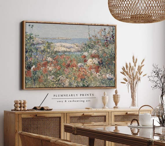 Hassam Wildflower Field by the Sea Muted Coastal Landscape Oil Painting Framed Canvas Art