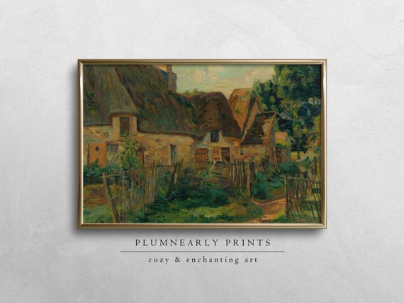 Rustic Thatched Cottages Digital Art Print, Vintage Impressionist Painting, English French Country, Forest Olive Green Orange Brown Decor