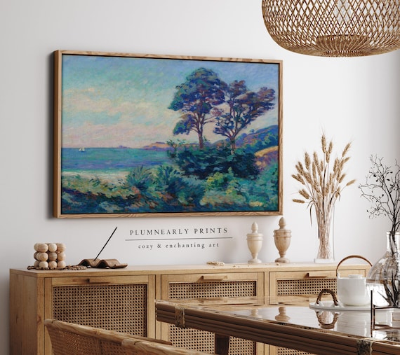 Guillaumin Seascape Oil Painting Framed Canvas, Vintage Maximalist Landscape, Aquamarine Icy Sea Blue Periwinkle Teal Forest Green Decor