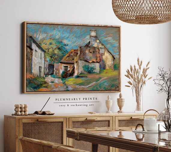 Guillaumin Pastel Village Landscape Framed Canvas, Vintage Impressionist French Country Cottage, Bold Maximalist White Icy Blue Decor