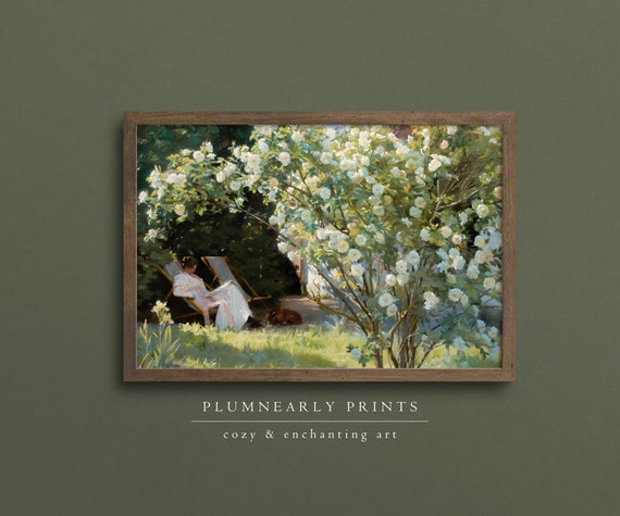 Reading Woman Floral Landscape Oil Painting Art Print Poster, Impressionist Garden Painting Wall Art, Cottagecore Girl Reading Nook Decor