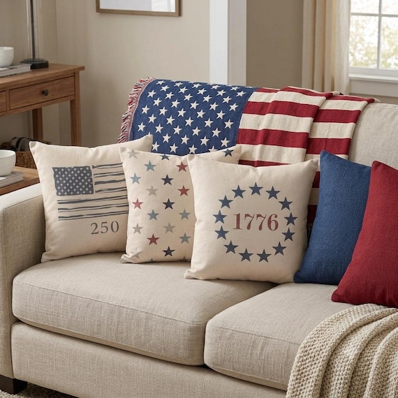 Woven Star Pillow – America 250th Patriotic Americana Throw Cushion
