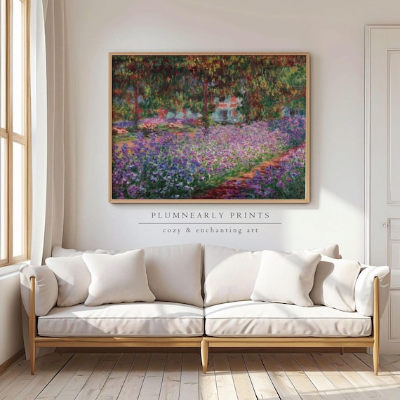 Monet Artist's Garden Landscape Oil Painting Art Print Poster, Colorful Impressionist Flowers, Vibrant Maximalist Purple Floral Home Decor