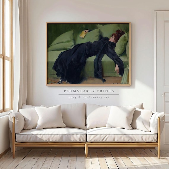 Casas Decadent Girl Portrait Oil Painting Art Print Poster, Woman Laying on Green Sofa, Vintage Classic Wall Decor, Elegant Dark Academia