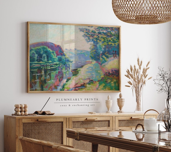 Guillaumin River Landscape Oil Painting Art Print Poster, Maximalist Chartreuse Green Aquamarine Icy Blue Periwinkle Lavender Purple Decor