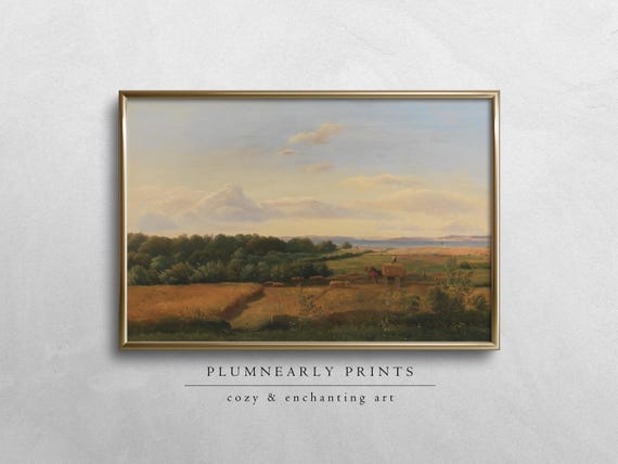 Dreyer Golden Countryside Landscape Digital Art Print, Antique Cottagecore Oil Painting, Periwinkle Sky Blue Sage Green Mustard Yellow Decor