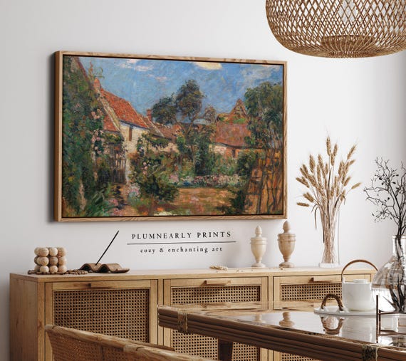 Guillaumin Floral Cottage Garden Landscape Framed Canvas, Impressionist French Country Romantic Forest Olive Green Cinnamon Orange Decor