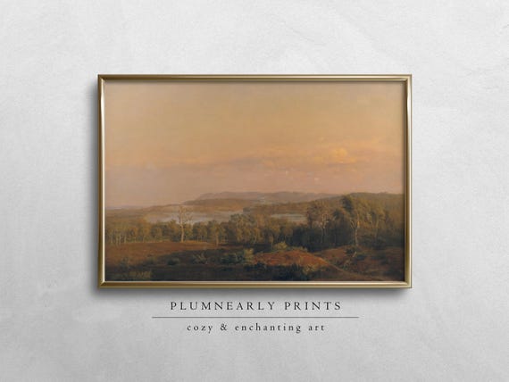Dreyer Ethereal Golden Sunset Landscape Digital Art Print, Antique Oil Painting, Scandi Farmhouse Sage Green Buttercream Yellow Orange Decor
