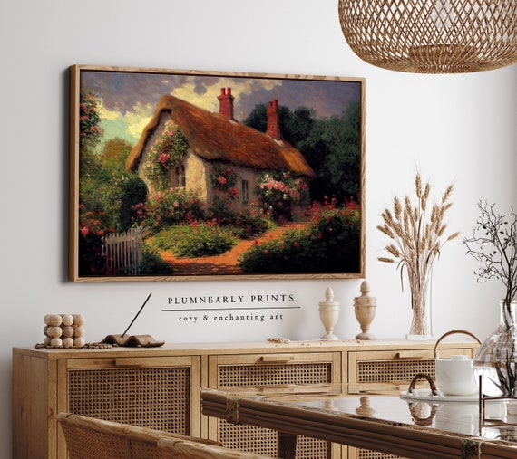 English Cottage Oil Painting Framed Canvas Art, Rose Garden Wall Art, Spring Cottagecore Art, Vintage Warm Cozy Cottage Print