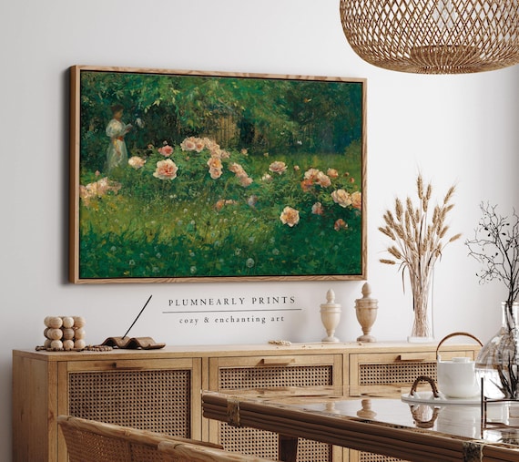 Rose Garden Landscape Traditional American Oil Painting Framed Canvas Art