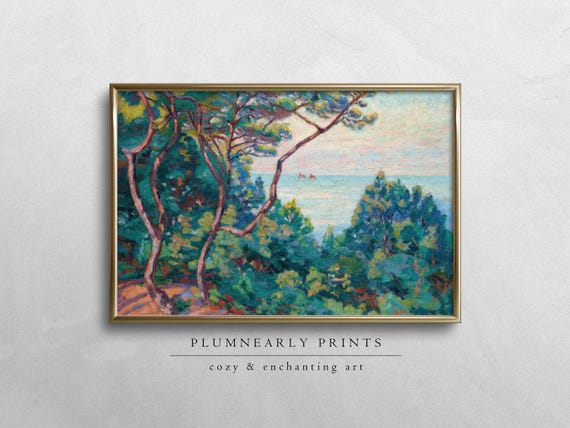 Guillaumin Coastal Cliff Landscape Painting Digital Art Print, Maximalist Chartreuse Forest Green Aquamarine Sea Blue Pastel Sunset Decor
