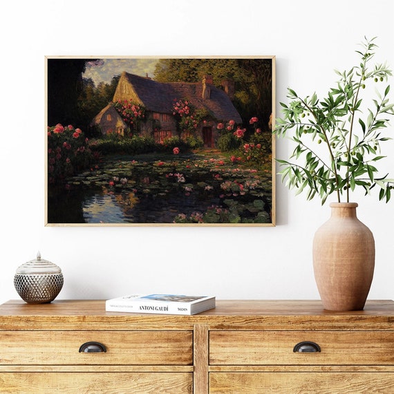 English Cottage Oil Painting Print. Rose Garden Wall Art. Summer Cottagecore Art Poster. Vintage Warm Cozy Cottage Print. Physical Print