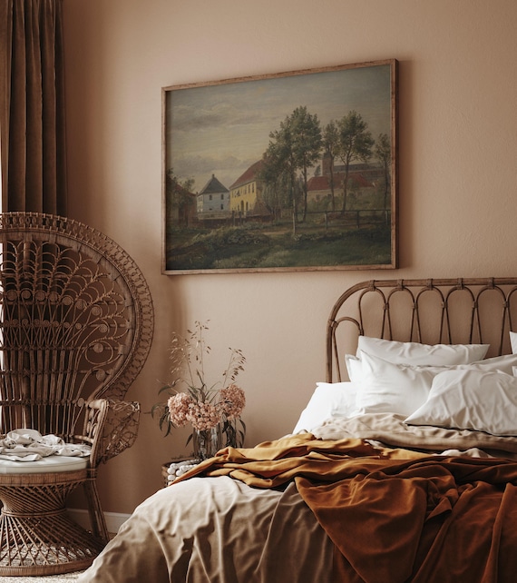 Dreyer European Village Art Print Poster, Scandi Cottages Oil Painting, Countryside Farmhouse, Sage Green Beige Buttercream Yellow Decor