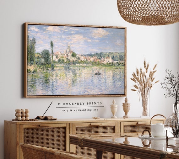 Monet Seaside Town Landscape Oil Painting Framed Canvas, Neutral Impressionist Coastal Scene, Vintage French Country Nautical Wall Decor