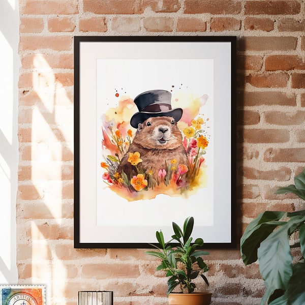 Watercolor Groundhog Day, Punxsutawney Phil, Groundhog, Groundhog Day, Wall Art, February 2nd, Art Print, Watercolor Painting, Holiday Art