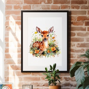 Watercolor Baby Deer, Fawn, Fawn Art, Wildlife Art, Deer Art, Deer Painting, Nursery Art, Spring Wildflowers, Forest Art, Wall Art, Baby Art