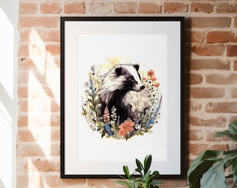 Watercolor Skunk, Watercolor Art, Painting, Animal Prints, Skunk, Wall Art, Skunk Art, Art Print, Wildflowers, Nature Art, Wildlife, Art