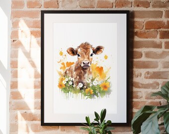 Mucca ad acquerello, vitello, arte del vitello, pittura del vitello, arte della mucca, pittura della mucca, arte della cameretta dei bambini, fiori di campo primaverili, arte della fattoria, arte della parete, arte del bambino