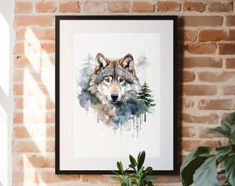 待つ狼の絵画プリント - 墨絵トーテム狼壁アート画像オオカミ日本の