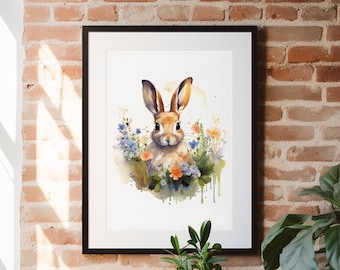 Conejo de acuarela, Arte de acuarela, Pintura, Animal Print, Conejo, Arte de pared, Arte de conejo, Impresión de arte, Flores silvestres, Arte de la naturaleza, Vida silvestre, Conejito