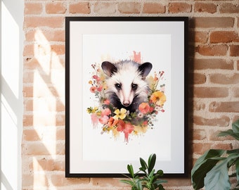 Aquarelle Opossum, Aquarelle Art, Peinture, Animal Prints, Opossum, Wall Art, Opossum Art, Art Print, Wildflowers, Nature Art, Wildlife