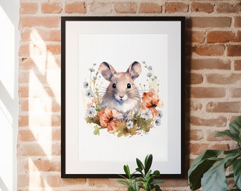 Souris aquarelle, Art de l'aquarelle, peinture, imprimé animal, souris, Art mural, Art de la souris en bois, impression d'Art, fleurs sauvages, Art de la Nature, faune, Art
