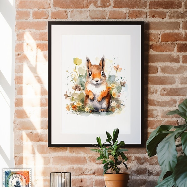 Watercolor Baby Squirrel, Squirrel, Squirrel Art, Squirrel Painting, Nursery Art, Spring Wildflowers, Forest Art, Wall Art, Baby Art