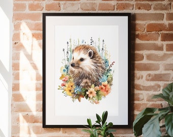 Aquarell Igel, Aquarell Kunst, Malerei, Animal Prints, Igel, Wandkunst, Igel Kunst, Kunstdruck, Wildblumen, Natur Kunst, Wildtiere