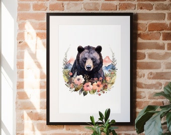 Aquarell Schwarzbär, Aquarell Kunst, Malerei, Animal Prints, Schwarzbär, Wandkunst, Bär Kunst, Kunstdruck, Wildblumen, Natur Kunst, Wildtiere