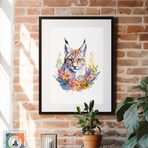 Watercolor Bobcat, Watercolor Art, Painting, Animal Prints, Bobcat, Wall Art, Bobcat Art, Art Print, Wildflowers, Nature Art, Wildlife, Art