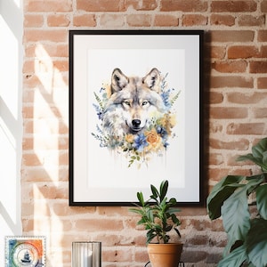 Watercolor Wolf, Watercolor Art, Painting, Animal Prints, Wolf, Wall Art, Timber Wolf Art, Art Print, Wildflowers, Nature Art, Wildlife, Art