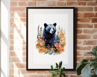 Aquarell Schwarzbär, Aquarell Kunst, Malerei, Animal Prints, Schwarzbär, Wandkunst, Bär Kunst, Kunstdruck, Wildblumen, Natur Kunst, Wildtiere