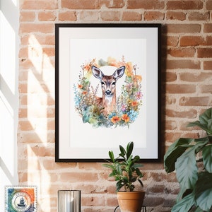Watercolor Deer, Watercolor Art, Painting, Animal Prints, Deer, Doe, Wall Art, Deer Art, Art Print, Wildflowers, Nature Art, Wildlife, Art