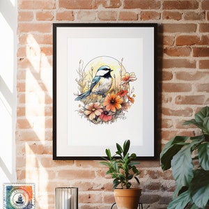 Watercolor Chickadee, Watercolor Art, Painting, Bird Prints, Art Design, Chickadee, Wall Art, Art Print, Wildflowers, Nature Art, Colorful