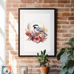 Watercolor Chickadee, Watercolor Art, Painting, Bird Prints, Art Design, Chickadee, Wall Art, Art Print, Wildflowers, Nature Art, Colorful