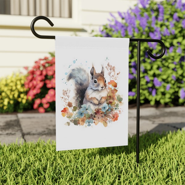 Watercolor Squirrel, Watercolor Art, Garden, Animal Art, Flag, Squirrel, Garden Flag, Squirrel Art, Art Print, Wildflowers, Nature, Wildlife