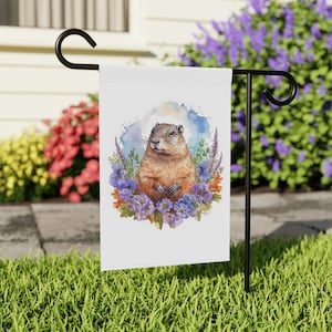 Watercolor Groundhog, Watercolor Art, Garden, Animal Art, Flag, Groundhog, Garden Flag, Groundhog Art, Art Print, Wildflowers, Art, Wildlife