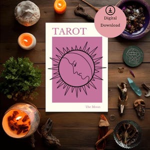 Póster imprimible del Tarot de la Luna (A4, PDF) Decoración espiritual para pared / Ilustración de la carta del Tarot con el símbolo de la Luna