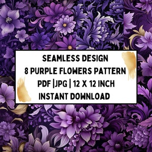 8 Seamless Purple Flower Patterns Designs | Instant Download