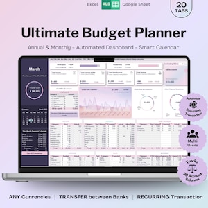 Może przedstawiać: Laptop z arkuszem kalkulacyjnym "Ultimate Budget Planner". Ekran wyświetla dane finansowe, wykresy i kalendarz. Tekst zawiera "Roczny i miesięczny", "20 zakładek" i "Transakcja cykliczna".