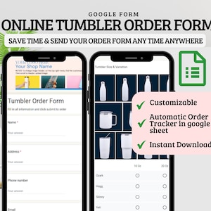 以下が含まれることがあります： タンブラーを注文するためのGoogleフォームが表示された携帯電話の画面。フォームには、名前、住所、電話番号、メールアドレスの入力欄があります。また、オザーク、ホッグ、スキニー、イエティなど、タンブラーのサイズとスタイルを選択できます。フォームは、カスタマイズ可能なオプション、Googleスプレッドシートでの注文の自動追跡、インスタントダウンロードを提供しています。