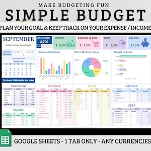 Peut inclure: Un tableur de planificateur budgétaire numérique avec le texte "SIMPLE BUDGET" et "PLAN YOUR GOAL & KEEP TRACK ON YOUR EXPENSE / INCOME." Le tableur comprend des sections pour les revenus, les dépenses, les factures, l'épargne et les dettes.