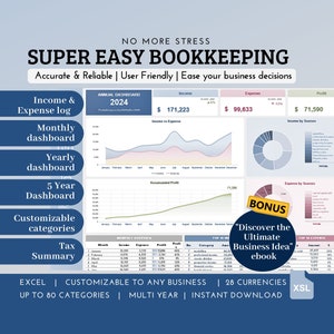 May include: A blue and white graphic with the text "SUPER EASY BOOKKEEPING" in white. The graphic shows a spreadsheet with a chart and the text "ANNUAL DASHBOARD 2024". The graphic also includes the text "EXCEL | CUSTOMIZABLE TO ANY BUSINESS | 28 CURRENCIES | UP TO 80 CATEGORIES | MULTI YEAR | INSTANT DOWNLOAD | XSL".