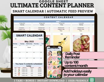 Social Media Content Planner: Google Sheets Calendar, Feed Preview (Digital Download)