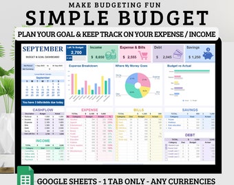 May include: A digital budget planner spreadsheet with the text "SIMPLE BUDGET" and "PLAN YOUR GOAL & KEEP TRACK ON YOUR EXPENSE / INCOME." The spreadsheet includes sections for income, expenses, bills, savings, and debt, with charts and graphs.