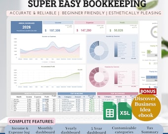 May include: A digital bookkeeping dashboard for Google Sheets and Excel, with the text "SUPER EASY BOOKKEEPING." The interface displays financial data, charts, and graphs, including income, expense, and profit summaries. Features include income/expense logs, monthly and yearly dashboards, and customizable categories.