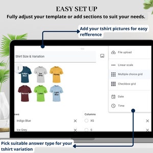 Op de afbeelding: Een laptopscherm met een website-interface voor het maken van een t-shirtontwerp. De interface bevat een sectie voor het toevoegen van t-shirtfoto's, een sectie voor het selecteren van t-shirtmaten en -variaties, en een sectie voor het kiezen van antwoordtypen voor t-shirtvariaties. De tekst "EASY SET UP" staat bovenaan het scherm.
