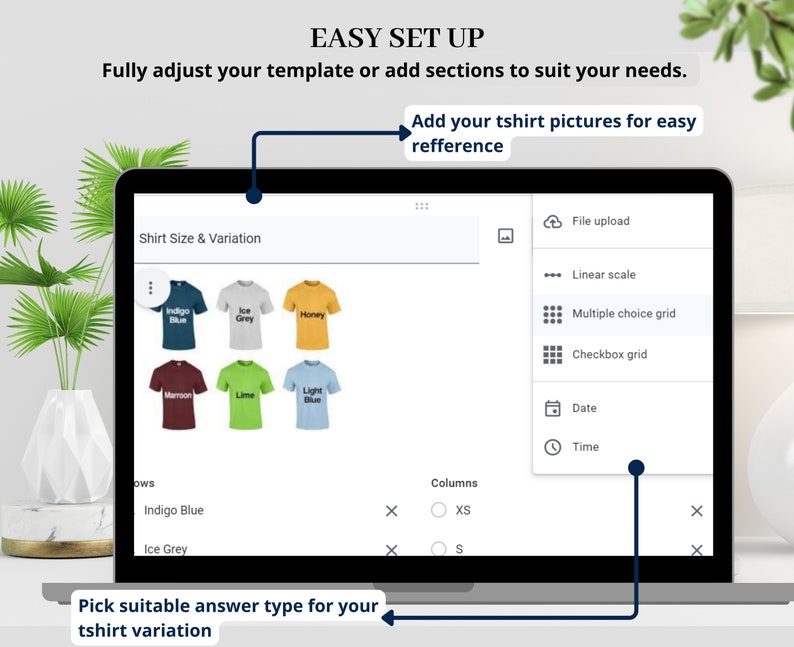 Op de afbeelding: Een laptopscherm met een website-interface voor het maken van een t-shirtontwerp. De interface bevat een sectie voor het toevoegen van t-shirtfoto's, een sectie voor het selecteren van t-shirtmaten en -variaties, en een sectie voor het kiezen van antwoordtypen voor t-shirtvariaties. De tekst "EASY SET UP" staat bovenaan het scherm.