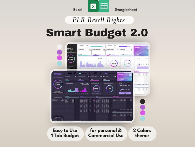 May include: Digital budget template, "Smart Budget 2.0", compatible with Excel and Google Sheets. The image displays two colour themes, with features including a single-tab budget and commercial use rights. Text includes "Easy to Use" and "2 Colors theme."